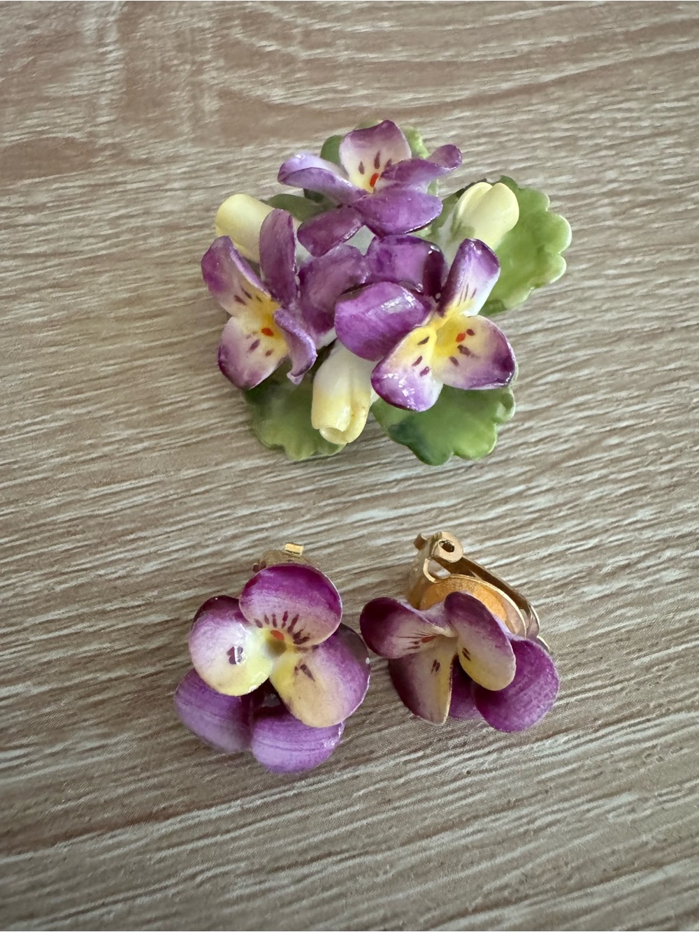 Vintage Cara China England Violet Floral Clip-On Earrings and Brooch Set